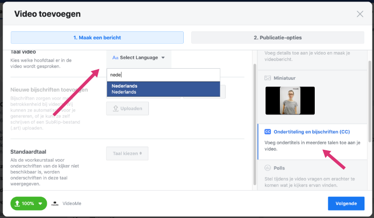 ondertitel en bijschriften taal video Facebook